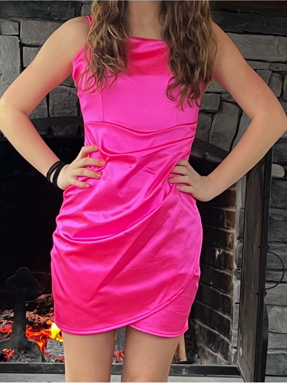 Honey and Rosie Hot Pink Satin Ruched Party Dress